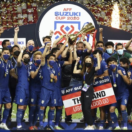 Team Thailand celebrate after defeating Indonesia during the AFF Suzuki Cup in Singapore. Photo: AP
