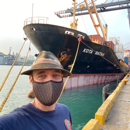 Torbjorn “Thor” Pedersen about to embark on container ship Kota Ratna bound for Palau after nearly two years stuck in Hong Kong on his round-the-world journey to every country without flying. Photo: courtesy Torbjorn Pedersen