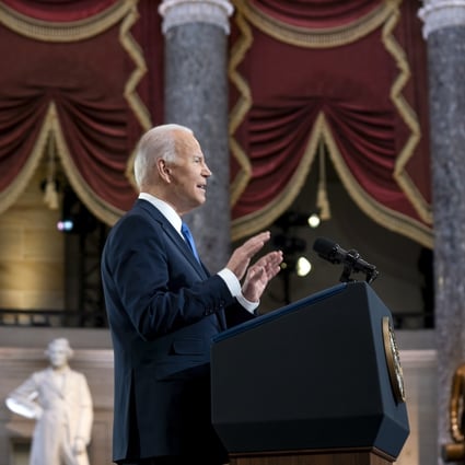 US President Joe Biden speaks in Statuary Hall of the US Capitol on Thursday, the anniversary of the January 6 insurrection. Photo: EPA-EFE