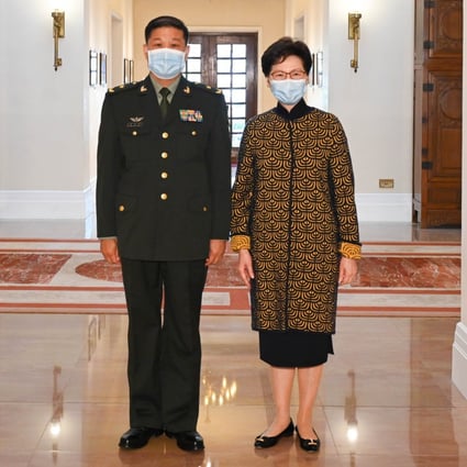 Hong Kong Chief Executive Carrie Lam Cheng Yuet-ngor meets Commander-in-chief of the PLA’s Hong Kong garrison, Major General Peng Jingtang on Monday. Photo: South China Morning Post