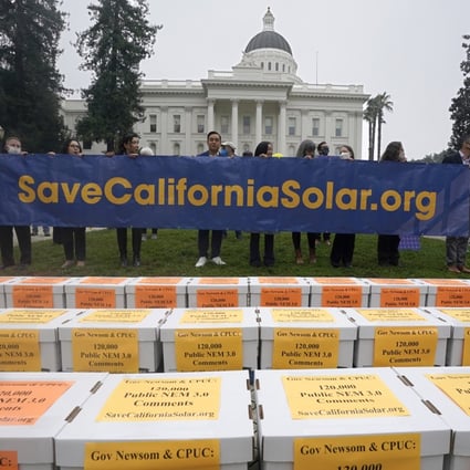 Boxes of petitions against proposed reforms that solar energy advocates claim would handicap the rooftop solar market are seen in front of the governor’s office during a rally at the Capitol in Sacramento, Calif., Wednesday, Dec. 8, 2021.  Photo: AP 