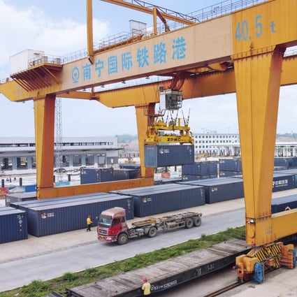 Containers are loaded onto a China-Vietnam freight train at Nanning International Railway Port in China’s Guangxi Zhuang Autonomous Region. Photo: Xinhua