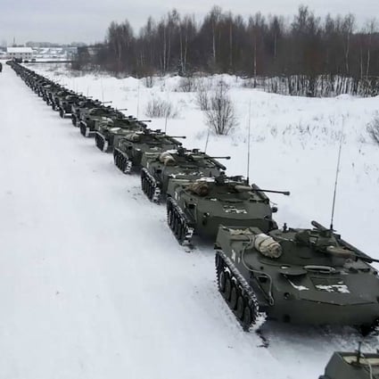 Russian military vehicles queue outside Ivanovo airport, in central Russia, on January 6 before their flight to Kazakhstan. Photo:  AFP/Russian Defence Ministry