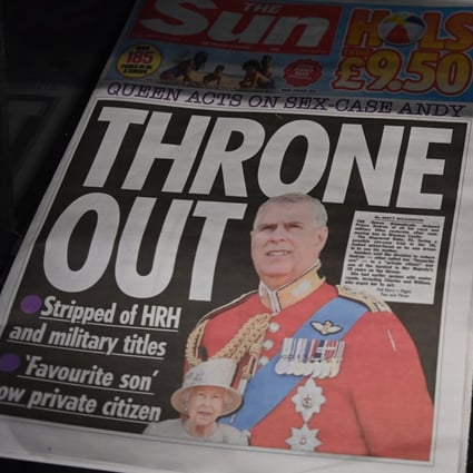 UK newspapers display frontpage headlines and stories on Britain’s Prince Andrew in London on Friday after his titles were removed by his mother, Queen Elizabeth. Photo: EPA-EFE