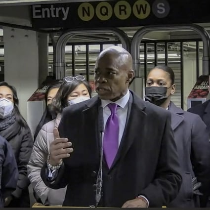 New York Mayor Eric Adams speaks after a woman was pushed to her death in front of a subway train at the Times Square station. Photo: AP