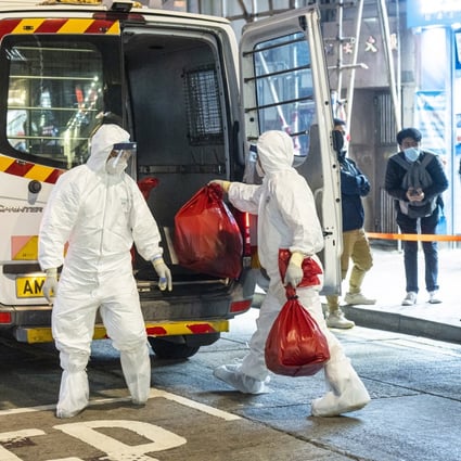 Hong Kong government workers remove small animals from a pet shop in Causeway Bay. Photo: Bloomberg