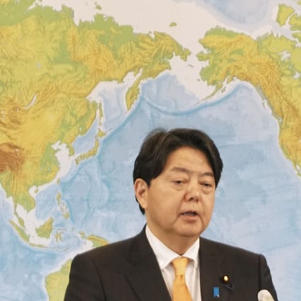 Japanese Foreign Minister Yoshimasa Hayashi during a press conference on Tuesday. He is one of four ministers, two from Japan and two from France, who will take part in “2 plus 2” talks between the two countries on security in the Indo-Pacific region. Photo: Kyodo