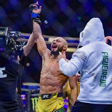 Deiveson Figueiredo celebrates his win over Brandon Moreno at UFC 270. Photo: Gary A. Vasquez-USA TODAY Sports
