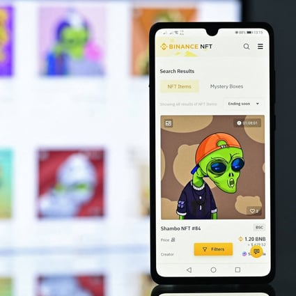 An NFT created by digital artist Zamblek named “Shambo NFT #84” on Binance NFT marketplace is displayed on a mobile phone in December last year. With NFT sales now in the billions of dollars, the ecosystem has attracted attention from scammers and money launderers. Photo: AFP 
