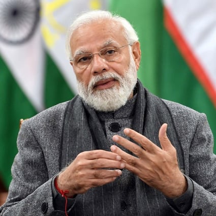 Indian Prime Minister Narendra Modi delivers his address at the first meeting of the India-Central Asia Summit by video in New Delhi on Thursday. Photo: India Press Information Bureau handout via EPA-EFE