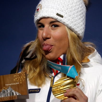 Gold medalist Ester Ledecka of the Czech Republic on the podium after the women’s parallel giant slalom at Pyeongchang 2018. Photo: Reuters/Jorge Silva