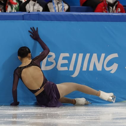 China’s Zhu Yi crashes while competing at the Capital Indoor Stadium during the Beijing 2022 Winter Olympic Games. Photo: David Mcintyre/ZUMA Press Wire/dpa