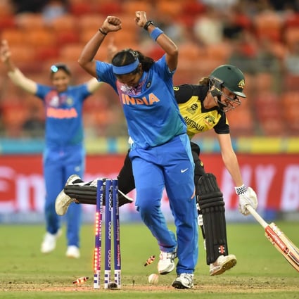 India’s Shikha Pandey (centre) stumps Australia’s Molly Strano (right) to win the opening match of the women’s Twenty20 World Cup at the Sydney Showground in on February 21, 2020. Photo: AFP