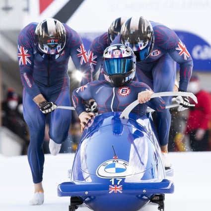 Great Britain’s team in action during the men’s 4-Bob World Cup in St Moritz, Switzerland, on January 16, 2022. Photo: Mayk Wendt/Keystone via AP