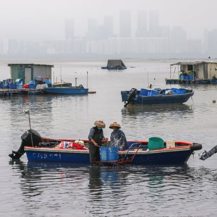 A view of an oyster farming area in Lau Fau Shan in the New Territories on January 25, with Shenzhen in the misty background. The village has been earmarked for transformation in the government’s Northern Metropolis plan. Photo: Nora Tam