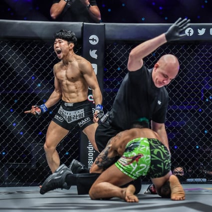 Woo Sung-hoon celebrates an 18-second knockout win over Yodkaikaew Fairtex at ONE: Bad Blood in Singapore. Photo: ONE Championship