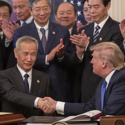 Then US president Donald Trump (right) and Vice-Premier Liu He participate in a signing ceremony of the phase one trade agreement in the East Room of the White House in Washington, on January 15, 2020. Photo: EPA-EFE