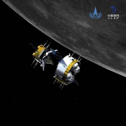 A graphic simulation shows the orbiter and returner of China’s Chang’e 5 probe, which brought samples of the lunar surface back to Earth. Photo: AP