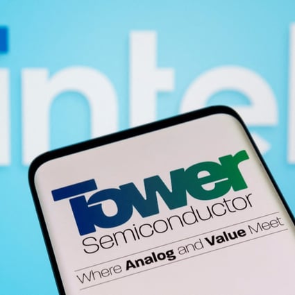 Tower Semiconductor seen on a smartphone in front of a displayed Intel logo in this illustration taken February 15, 2022. Photo: Reuters