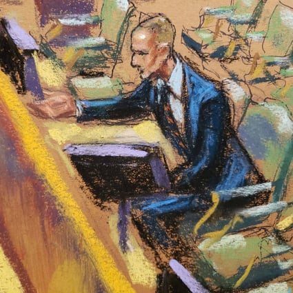 An artist’s impression of the moment star witness Timothy Leissner points out former Goldman Sachs banker Roger Ng in the ongoing US trial over the 1MDB scandal. Photo: Reuters