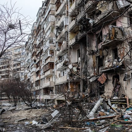 A building in Kyiv damaged by Russian artillery fire is seen on Friday. Photo: Bloomberg