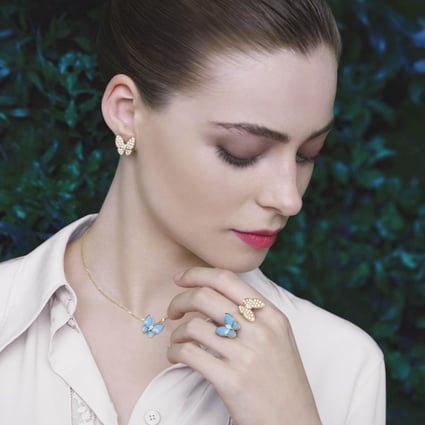 The earrings, pendant and between-the-finger ring in the latest Two Butterfly collection show this year’s striking new mix of yellow gold, white gold, diamonds and turquoise. Photos: Van Cleef & Arpels