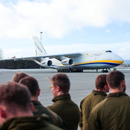 The Antonov aircraft is seen on the tarmac in Gardermoen, Norway on February 27. Photo: NTB / via Reuters