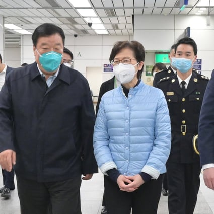 Chief Executive Carrie Lam meets mainland Chinese medical experts, including Dr Liang Wannian (to her right), in Hong Kng on Monday. Photo: SCMP Pictures 