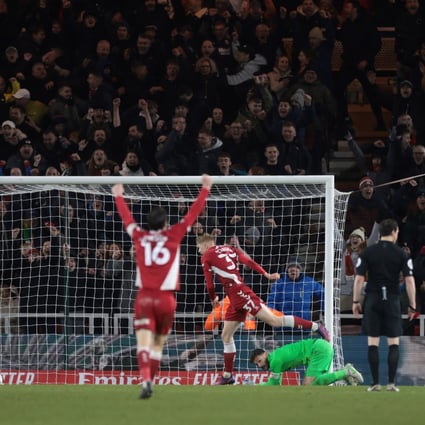 Middlesbrough’s Josh Coburn celebrates scoring against Tottenham. Photo: Reuters