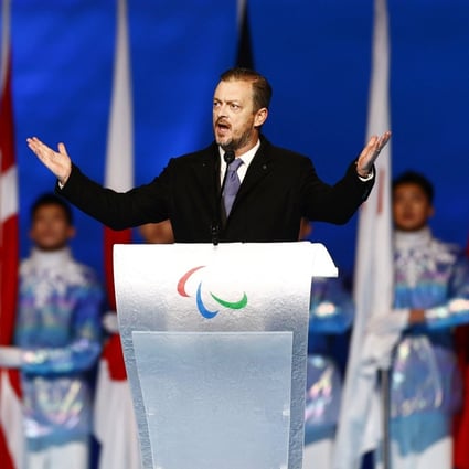International Paralympic Committee president Andrew Parsons addresses the opening ceremony of the Beijing Winter Paralympics at the National Stadium. Photo: Kyodo