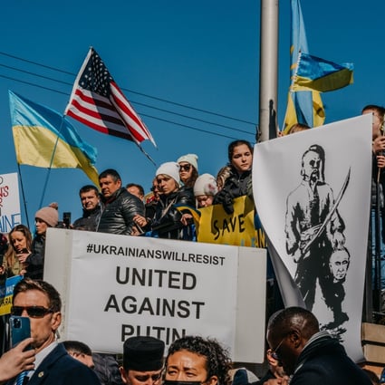 People protest against the Russian invasion of Ukraine in Chicago, US, on February 27. Russia has faced tougher-than-expected resistance from Ukraine’s forces, as well being hit by sanctions from the US, UK and EU. Photo: Bloomberg