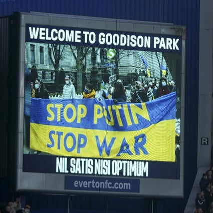 A screen shows support for Ukraine before the English Premier League soccer match between Everton and Manchester City at Goodison Park. Photo: AP