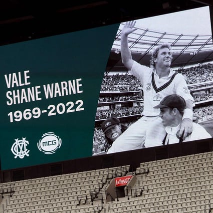 An image of Shane Warne looks out over the Melbourne Cricket Ground after it was announced the ground’s Great Southern Stand would be renamed. Photo: AFP