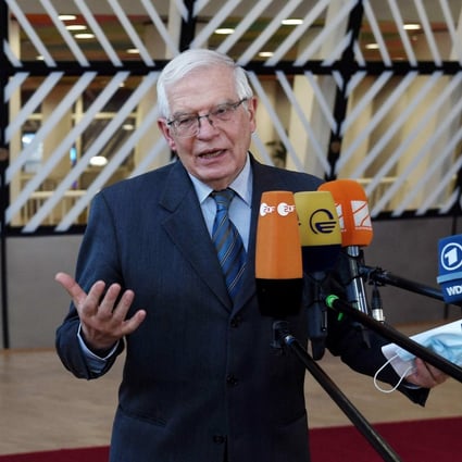 Josep Borrell  speaks to the media ahead of a meeting in Brussels on March 4. Photo: AFP 