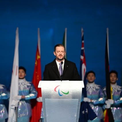 IPC president Andrew Parsons delivered a passionate speech during the opening ceremony of the Beijing 2022 Paralympic Winter Games. Photo: Xinhua