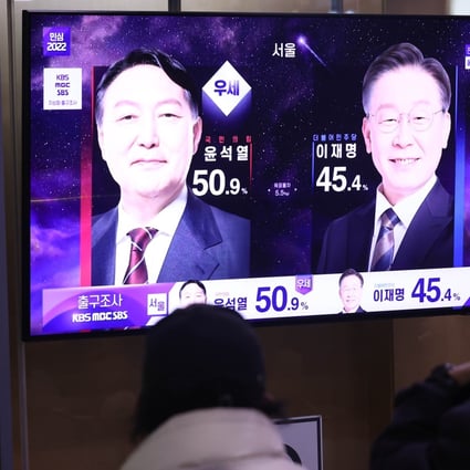 A live broadcast on the exit polls of the March 9 presidential election in South Korea. Photo: YNA/dpa 