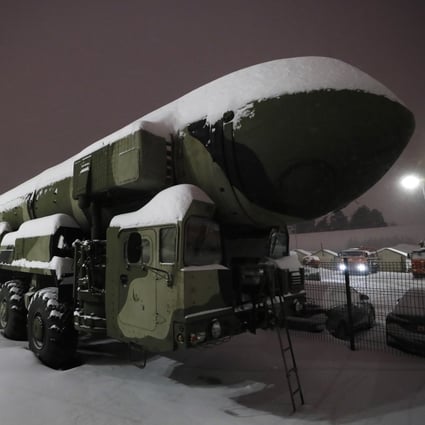 A Russian strategic ballistic missile Topol launching vehicle, part of the Honour of the Russian Armed Forcesat exhibition, is parked outside the VDNH multifunctional exhibition centre in Moscow, on January 16, 2021. The risk of nuclear war now seems higher than at any time since the Cuban missile crisis in 1962. Photo: EPA-EFE