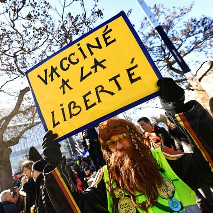 Anti-vaccination protesters at the Place d’Italie in Paris on February 12. Photo: AFP