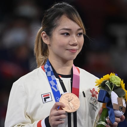 Hong Kong’s Grace Lau Mo-sheung after winning the Tokyo Olympic Games women’s individual kata bronze medal final event at the Nippon Budokan in Japan. Photo: AFP   