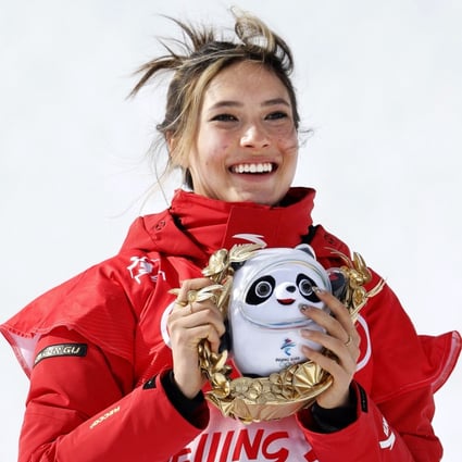 Chinese freestyle skier Eileen Gu celebrates after winning two gold medals and one silver at the Beijing Winter Olympics last month. Photo: Kyodo