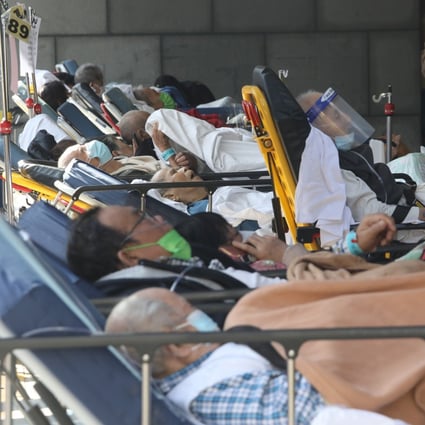 Elderly patients wait to be seen at a temporary holding area outside the Caritas Medical Centre’s Accident and Emergency Department, in Cheung Sha Wan, on February 28. Photo: Jelly Tse