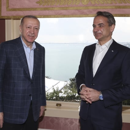 Greek Prime Minister Kyriakos Mitsotakis, right, and Turkish President Recep Tayyip Erdogan during their meeting in Istanbul, Turkey on March 13. Photo: Turkish Presidency via AP