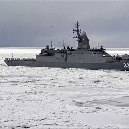 A Russian warship passes through ice fields in La Perouse Strait from the Sea of Japan to the Sea of Okhotsk. The Russian military has launched a series of drills amid tensions with the West over Ukraine. Photo: Russian Defense Ministry Press Service via AP