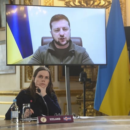 Volodymyr Zelensky, Ukraine’s president, addresses attendees via video link at the Joint Expeditionary Force Summit in London on Tuesday. Photo: Bloomberg
