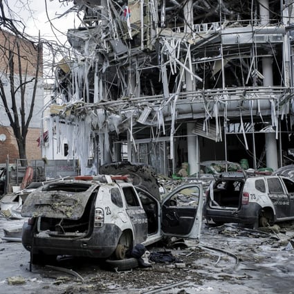Damaged vehicles and buildings in Kharkiv city center in Ukraine on March 16. Photo: AP Photo