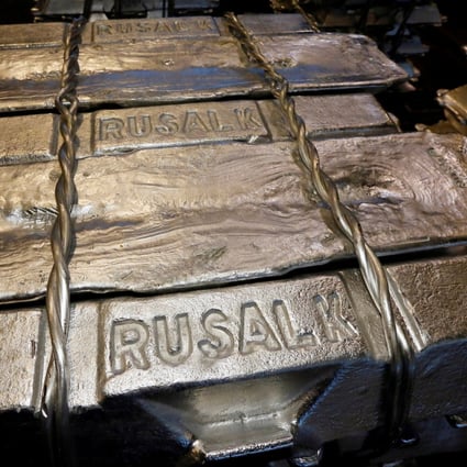 Aluminium ingots stored at the foundry shop of Rusal’s Krasnoyarsk smelter in Russia. Photo: Reuters
