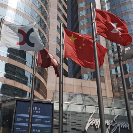 In this Oct. 9, 2019, file photo, flags are raised outside the Hong Kong Exchange Square building in Central, Hong Kong. Photo: AP 