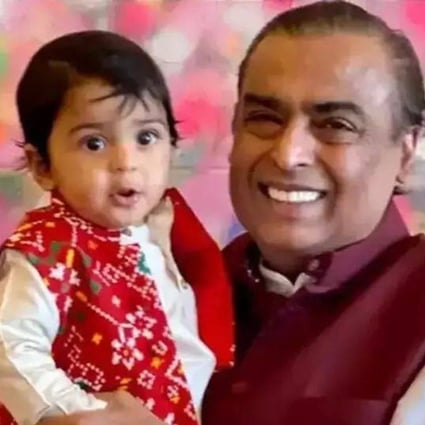 Mukesh Ambani and his grandson, Prithvi Akash Ambani. Photo: @lokpatrika/Instagram