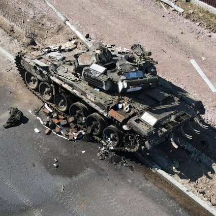A charred Russian tank near Kyiv, Ukraine. Photo: Ukrainian Ground Forces / AFP