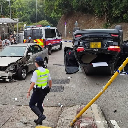 A drug suspect’s vehicle overturned in the New Territories on Tuesday morning after he rammed a police van and several other cars in a bid to evade arrest. Photo: Handout